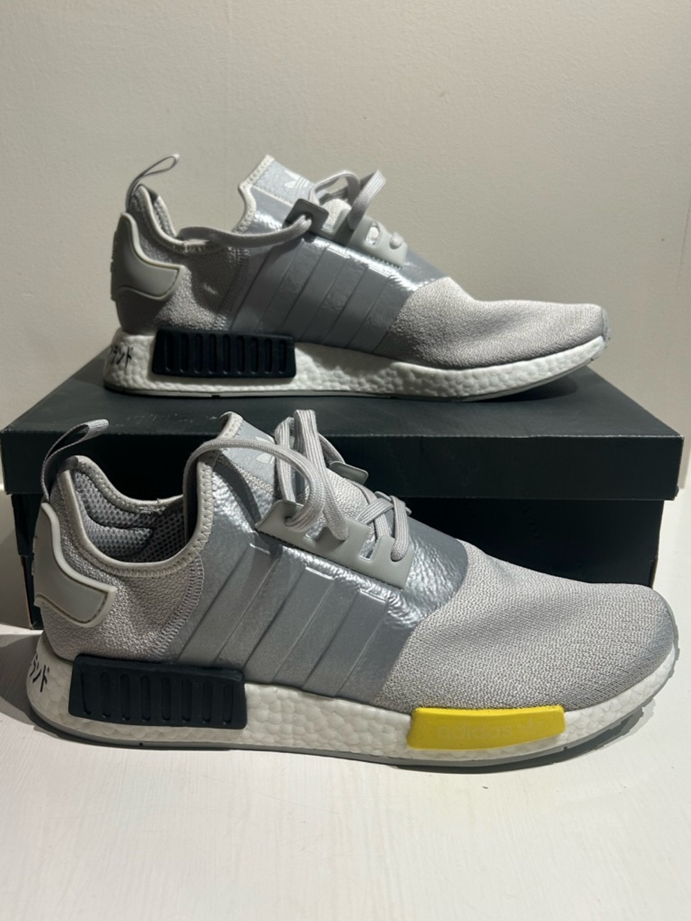 Adidas Men’s NMD Grey Black Yellow White Sneakers, Size 13